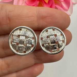 Vintage Napier Basketweave Silver Tone Signed Screw Back Earrings